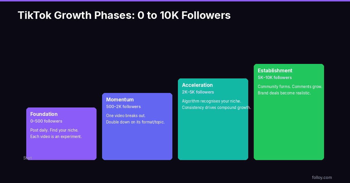 TikTok growth phases from 0 to 10K followers — foundation, momentum, acceleration, establishment